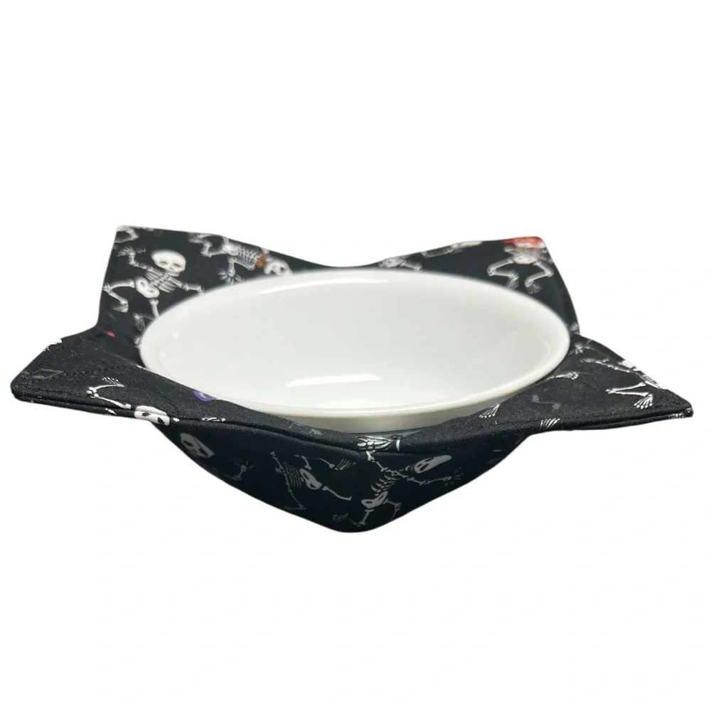 Hand Crafted Bowl Cozy Bowl Holder Microwavable  Cotton Black Halloween Skeleton